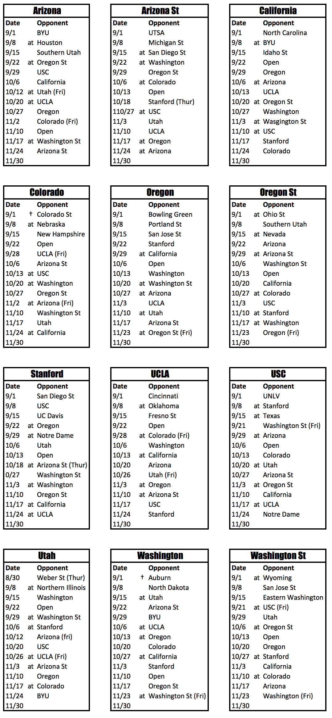 PAC-12 2018 Football Schedules.